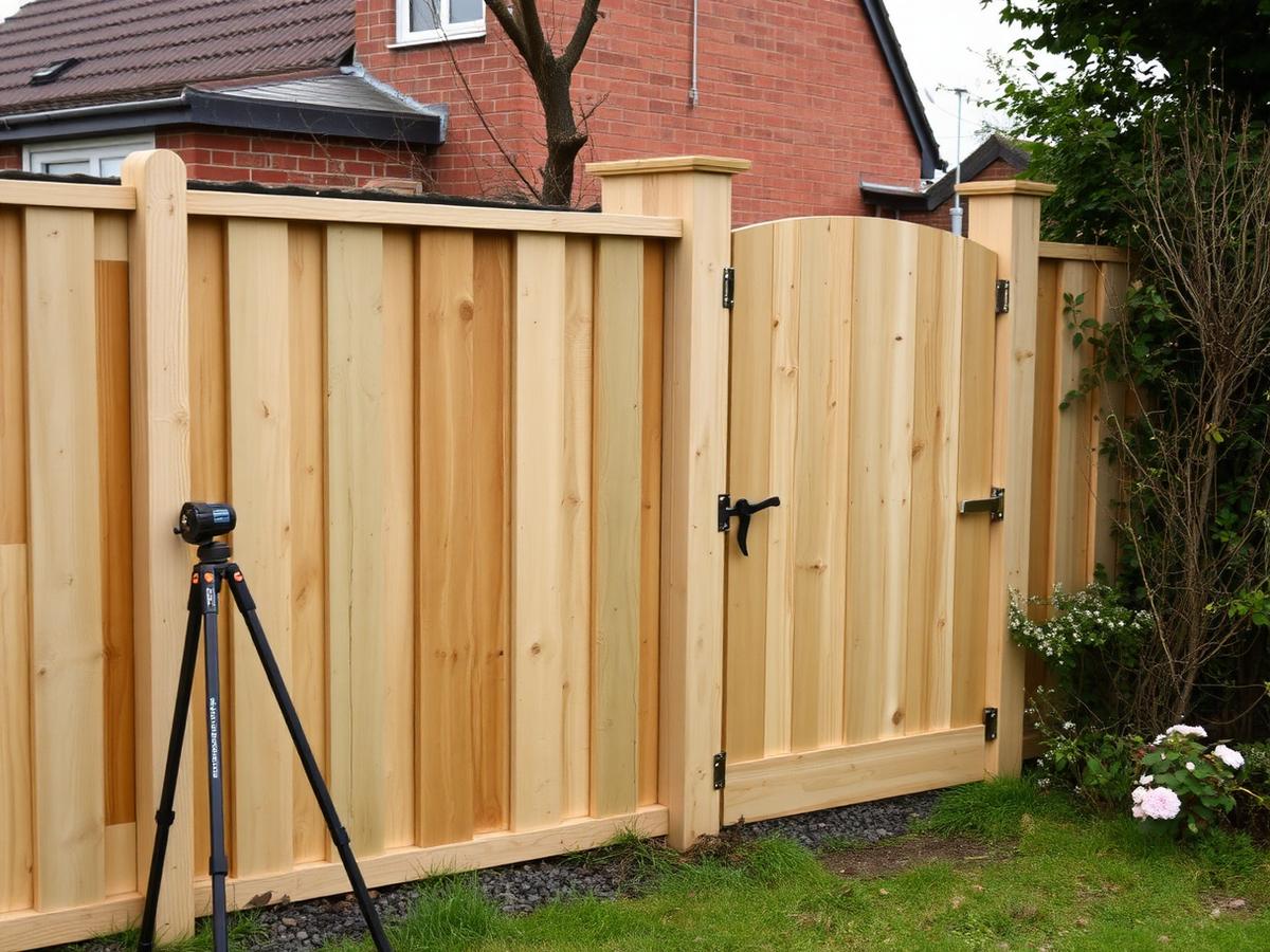 Timber fence panel being repaired between two garden boundaries