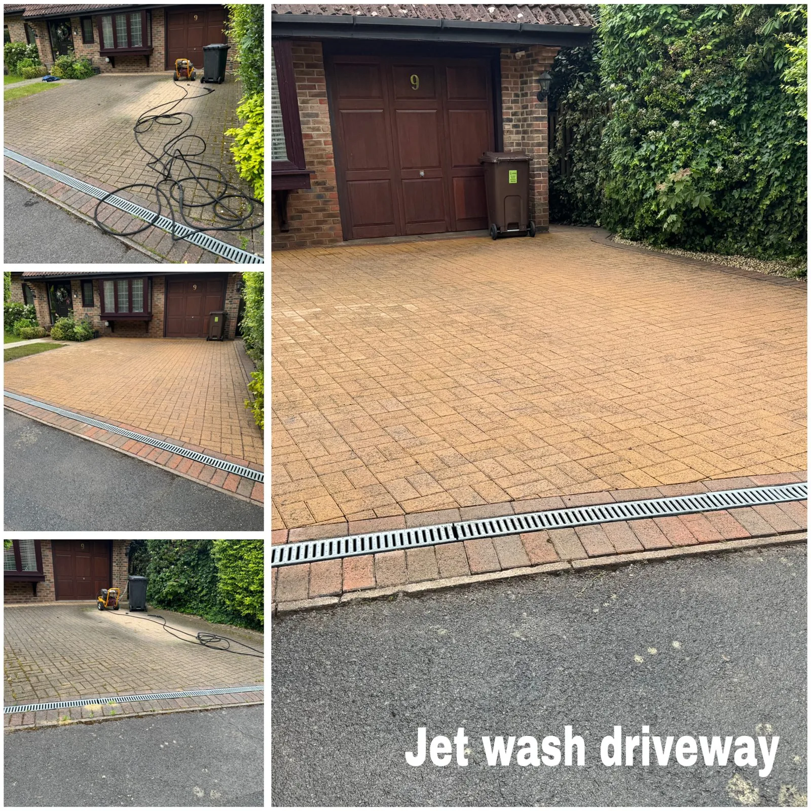Before-and-after collage of jet washing a block-paved driveway outside a garage