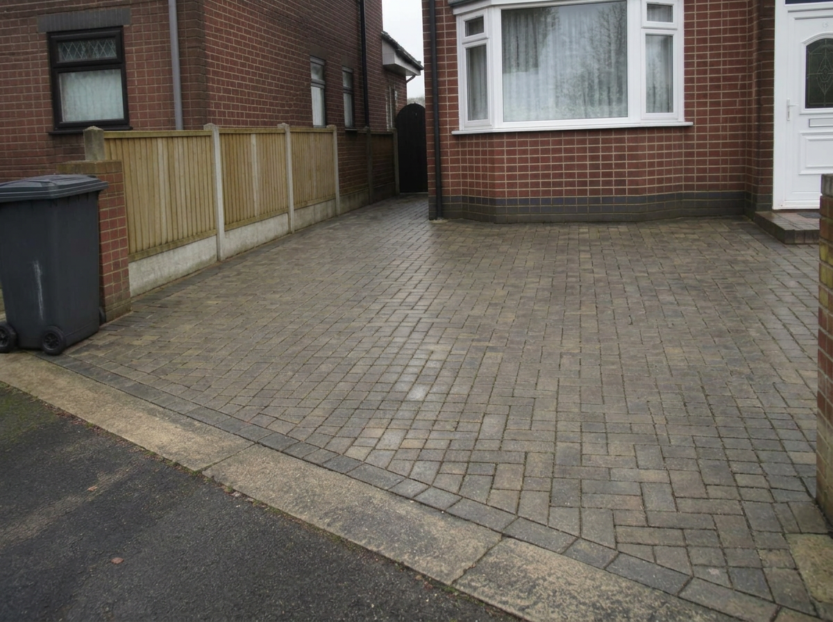 The same block-paved driveway cleaned back to bare paving after jet washing