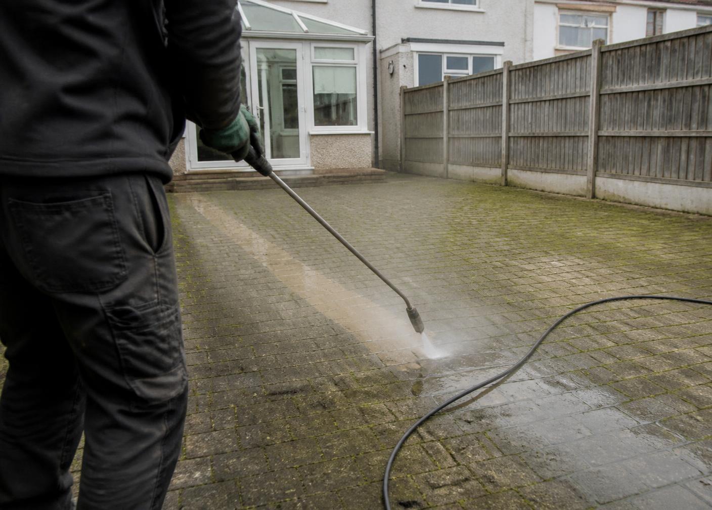 Pressure washer cleaning moss and grime from a block paved driveway