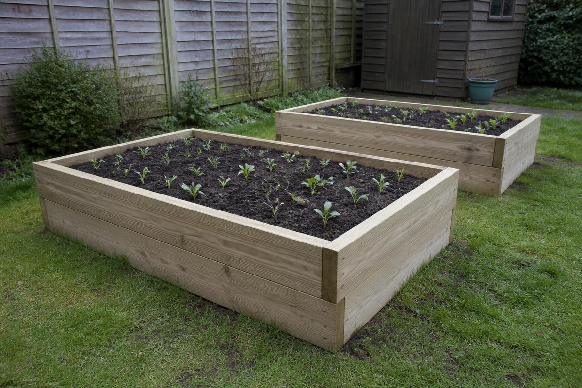 Newly built timber raised beds planted up in a UK garden