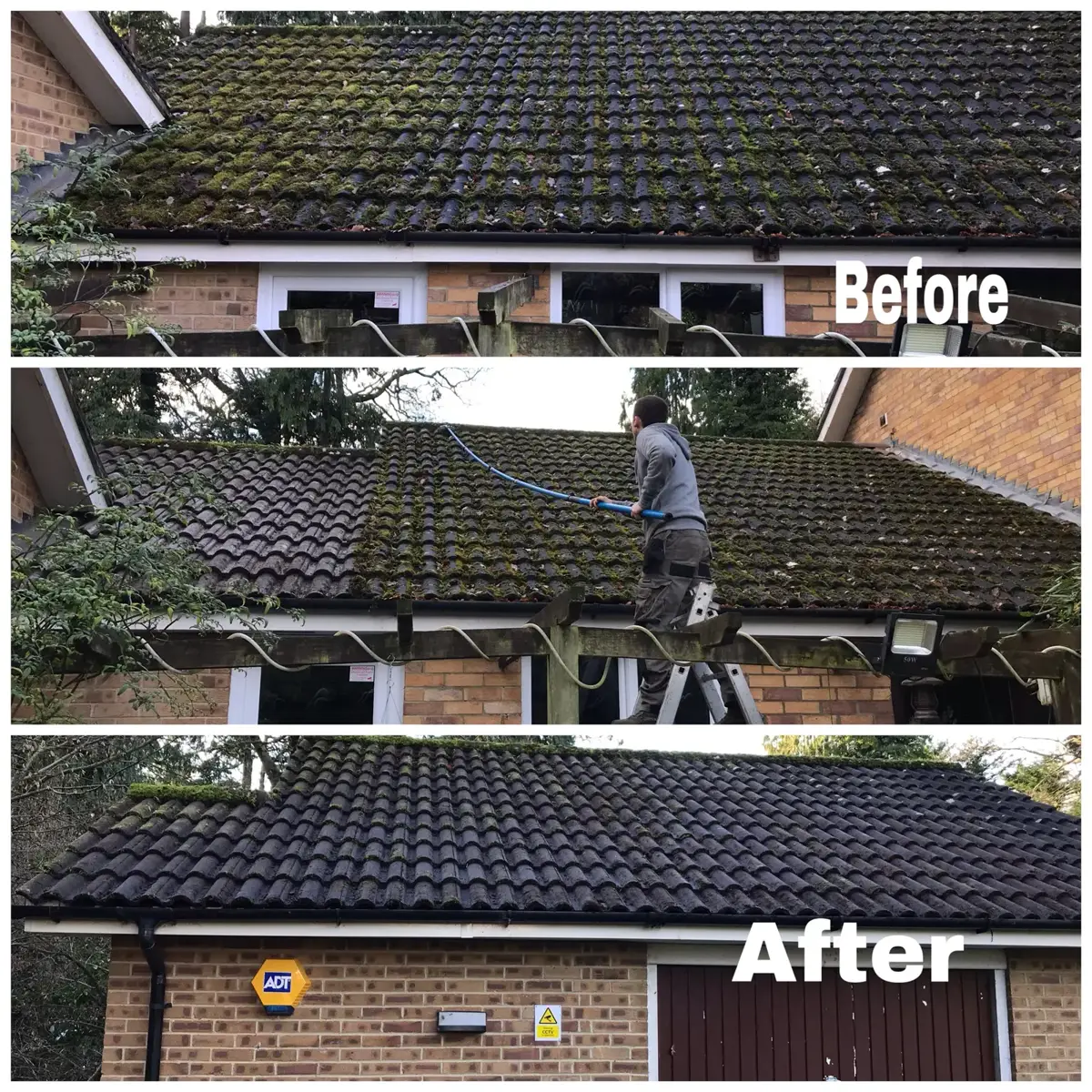 Before and after roof moss removal on a concrete-tiled garage roof
