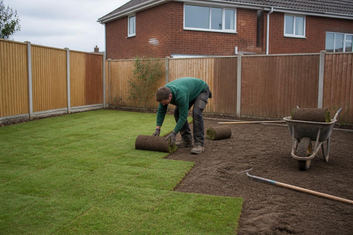 Gardener laying rolls of new turf over prepared soil in a UK back garden